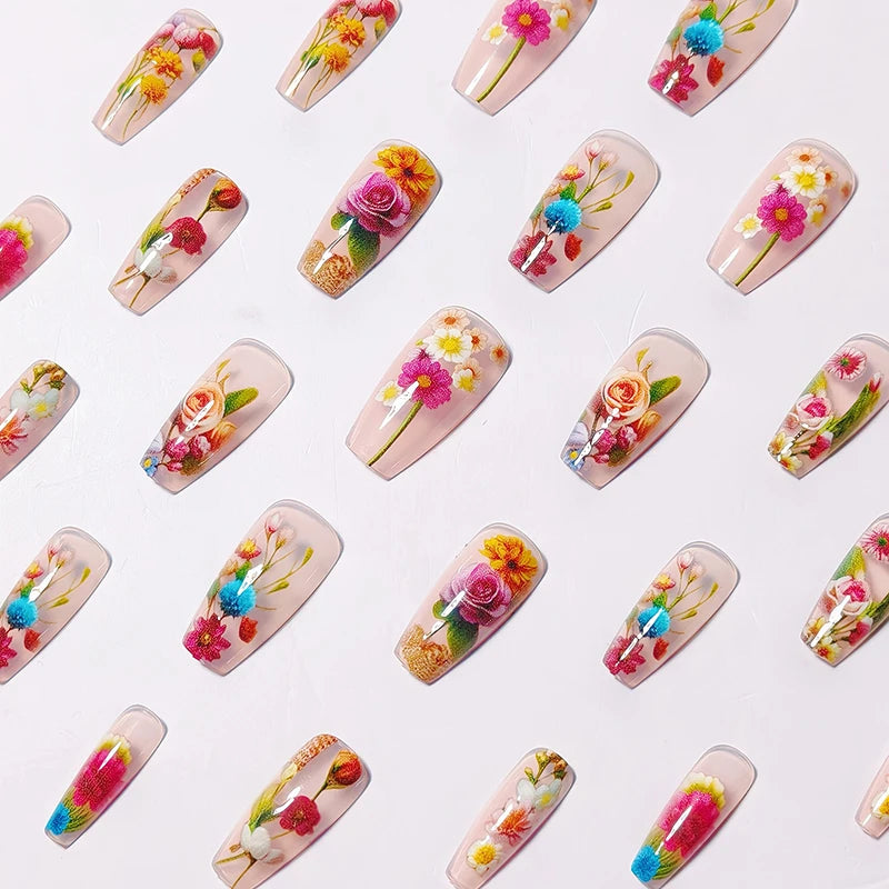 Medium-long Translucent Brilliant Flower Press-on Nails Stickers for Stunning Nails