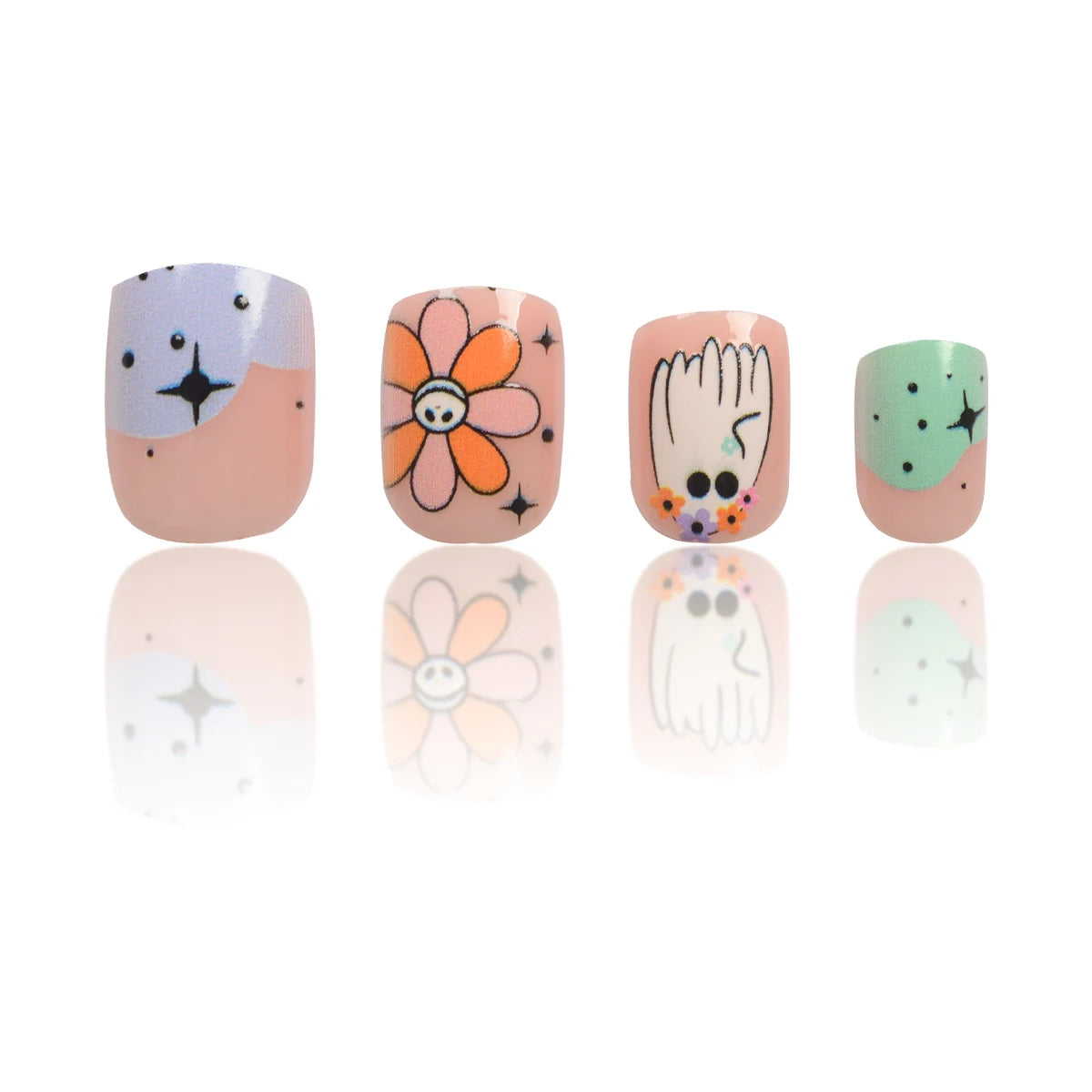24Pcs Halloween-Themed Press-On Nails Set, Floral & Festive Elements Design, Glossy Finish with Jelly Glue & Nail File Included