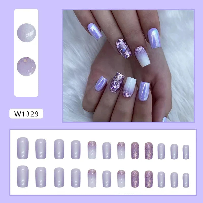24 Pcs Presson Nails with Glue Medium Reusable Adhesive Fake Nails with Design Nail Art Purple Glitter False Nails for Girls
