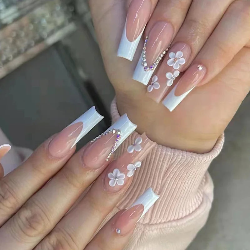 French Nails Press on Nails Acrylic Press on Nails Handmade Thick Press on Nails 3d Art Fish False Nails Remover Fake Nails 24Pc