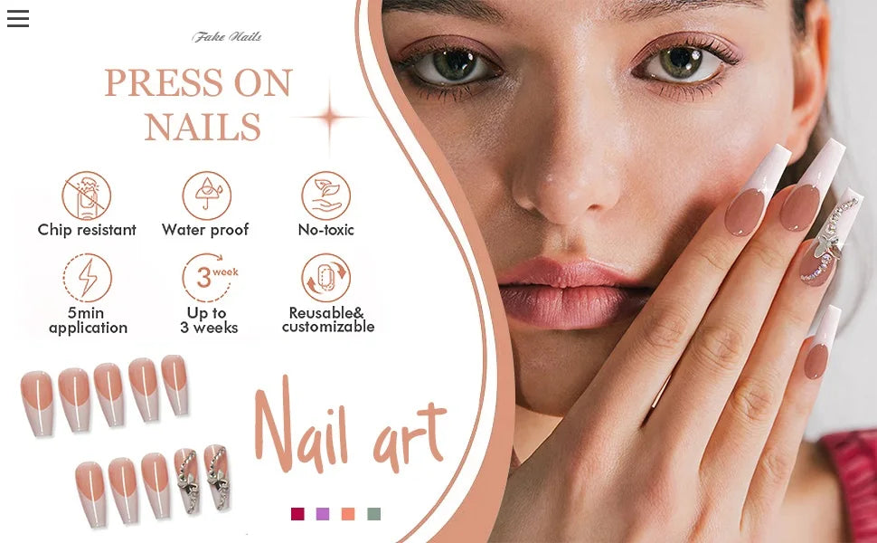 French Nails Press on Nails Acrylic Press on Nails Handmade Thick Press on Nails 3d Art Fish False Nails Remover Fake Nails 24Pc