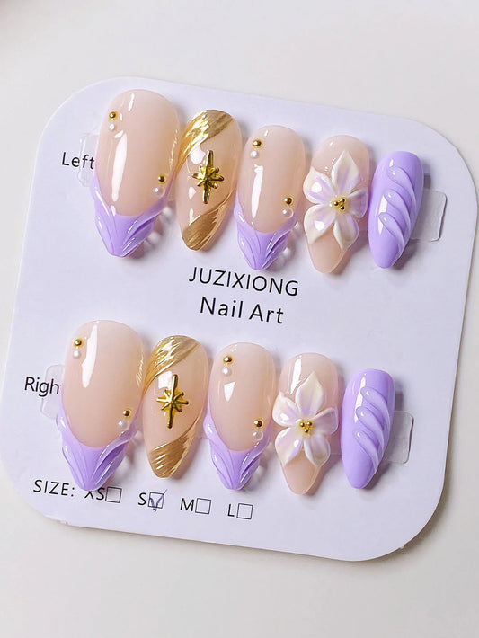 10 handmade almond-shaped press-on nails with purple water ripple design and starburst pattern in a high-end style.