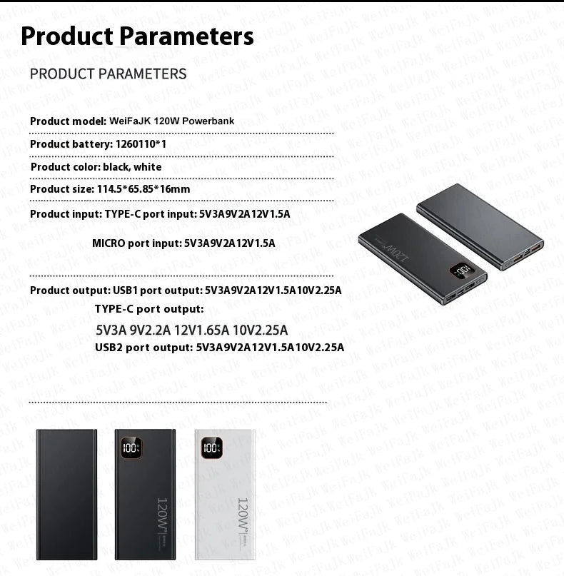 Original 120W Powerbank 50000mAh Mobile External Spare Battery Portable Charger Super Fast Charging For iPhone Xiaomi Power Bank