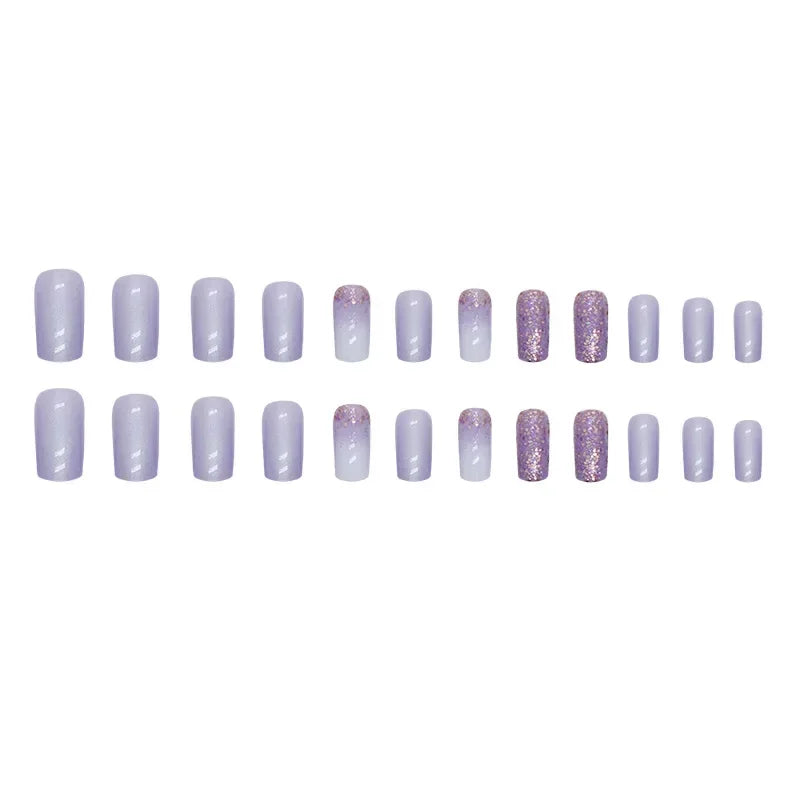 24 Pcs Presson Nails with Glue Medium Reusable Adhesive Fake Nails with Design Nail Art Purple Glitter False Nails for Girls