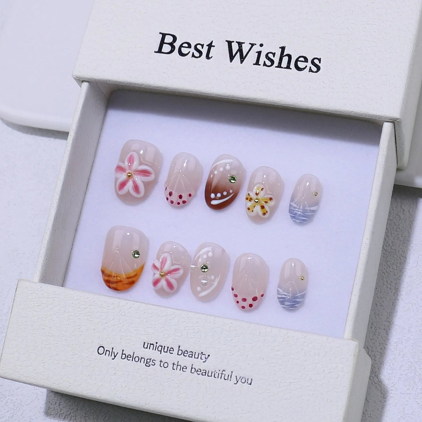 10pcs Handcrafted Almond-Shaped White French Press-On Nails with 3D Floral Design - Glossy Finish Short Length for Women/Girls