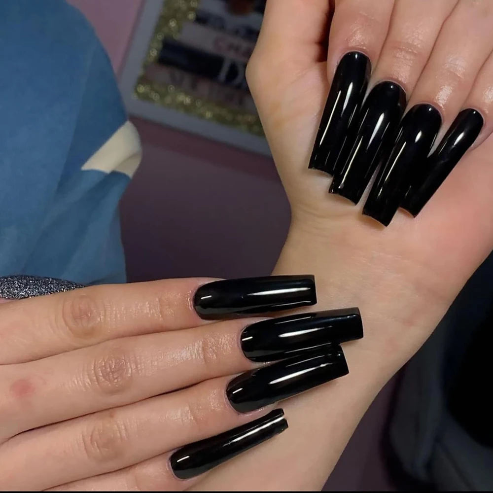 120pcs Long Coffin Black Press-On Nails Full Cover Ballet Square Shape False Nails Solid Color Glossy Finish Durable Fake Nails*