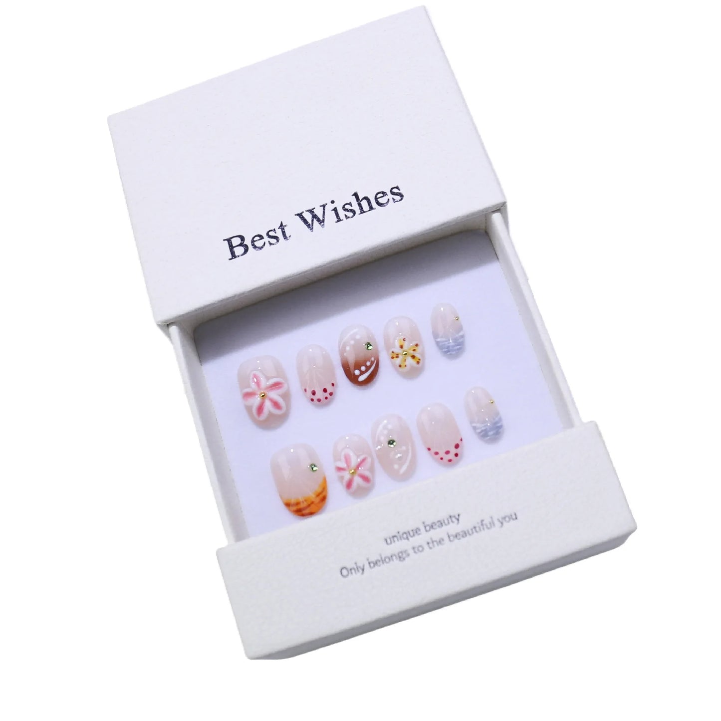 10pcs Handcrafted Almond-Shaped White French Press-On Nails with 3D Floral Design - Glossy Finish Short Length for Women/Girls