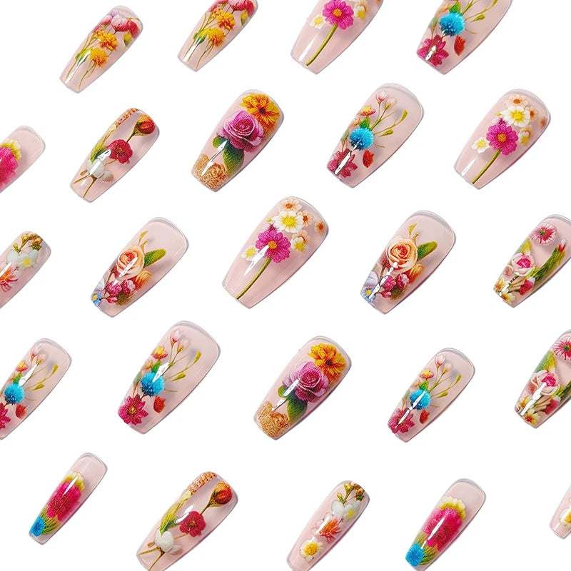 Medium-long Translucent Brilliant Flower Press-on Nails Stickers for Stunning Nails