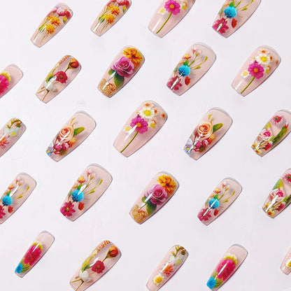 Medium-long Translucent Brilliant Flower Press-on Nails Stickers for Stunning Nails