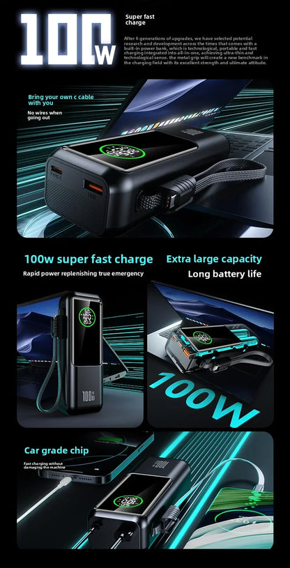 20000mAh Powerbank High Capacity 100W Fast Charging External Battery Built-in Cable Portable Power Bank for Laptop Tablet Phone