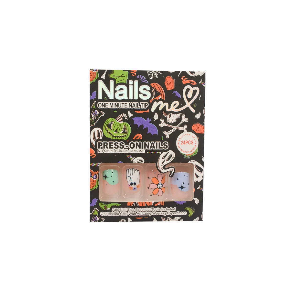 24Pcs Halloween-Themed Press-On Nails Set, Floral & Festive Elements Design, Glossy Finish with Jelly Glue & Nail File Included