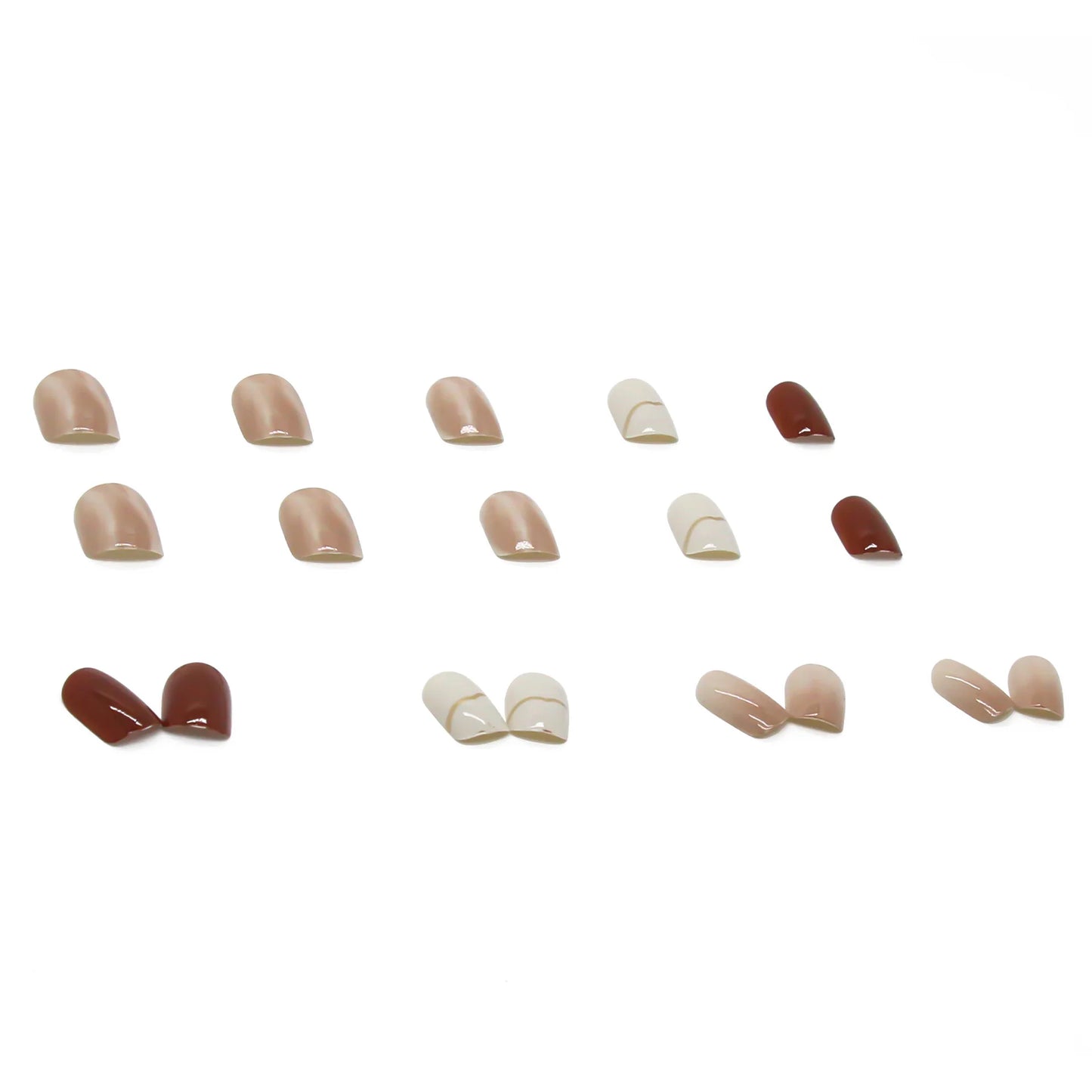 24PCS Caramel Latte Press-On Nails – Medium Round Shape With White Brown Nude Ombré Artistic Marble Effect