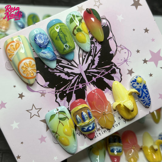 10pcs Handmade Press on Nails Cute 3D Banana Nail Art Presson False Nail Thick Acrylic Hand Painted Lemon Almond Press ons Nails