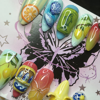 10pcs Handmade Press on Nails Cute 3D Banana Nail Art Presson False Nail Thick Acrylic Hand Painted Lemon Almond Press ons Nails