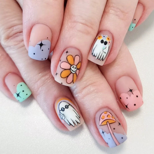 24Pcs Halloween-Themed Press-On Nails Set, Floral & Festive Elements Design, Glossy Finish with Jelly Glue & Nail File Included
