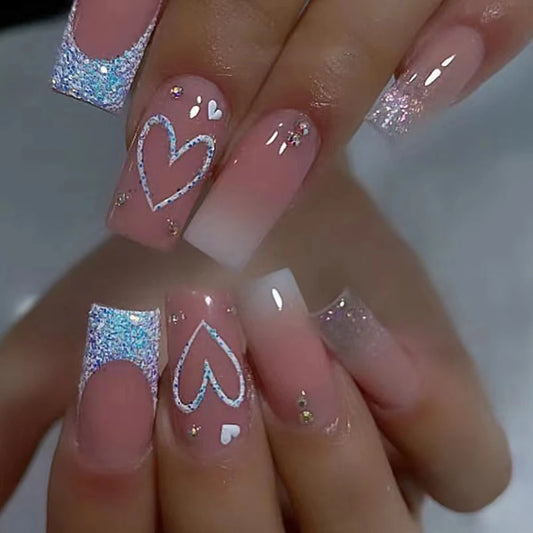 ARTAUG 24PCS Medium pink glitter press on nails and press on full set and press on nails love design sweet and cute