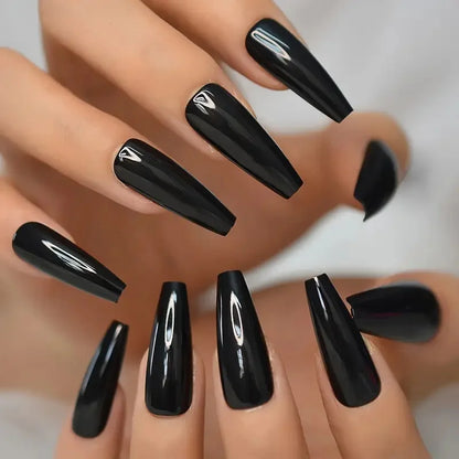 120pcs Long Coffin Black Press-On Nails Full Cover Ballet Square Shape False Nails Solid Color Glossy Finish Durable Fake Nails*