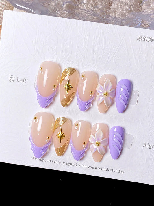 10 handmade almond-shaped press-on nails with purple water ripple design and starburst pattern in a high-end style.
