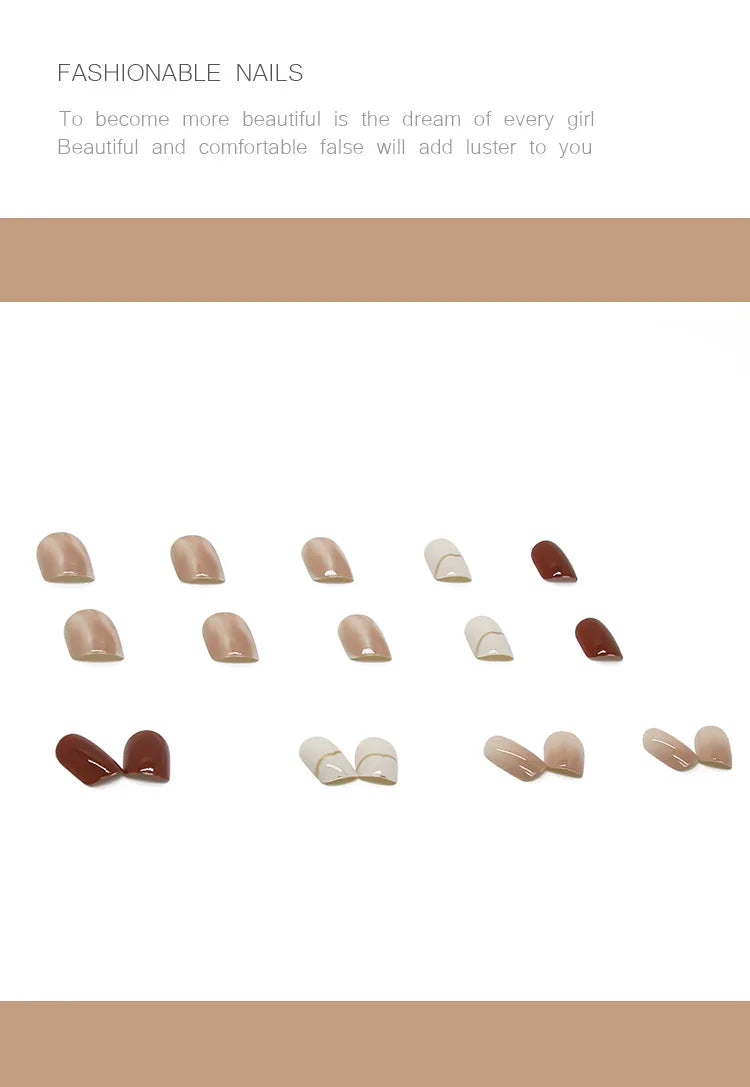 24PCS Caramel Latte Press-On Nails – Medium Round Shape With White Brown Nude Ombré Artistic Marble Effect