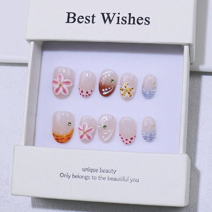 10pcs Handcrafted Almond-Shaped White French Press-On Nails with 3D Floral Design - Glossy Finish Short Length for Women/Girls