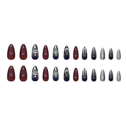 24PCS Haunting Press-On Nails - Blood Red & Ghost White Striped Design With Metallic Glitter Long Almond Shape