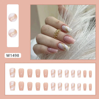 24 Pcs Presson Nails with Glue Medium Reusable Adhesive Fake Nails with Design Nail Art Purple Glitter False Nails for Girls