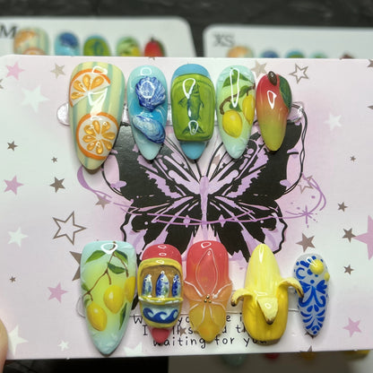 10pcs Handmade Press on Nails Cute 3D Banana Nail Art Presson False Nail Thick Acrylic Hand Painted Lemon Almond Press ons Nails