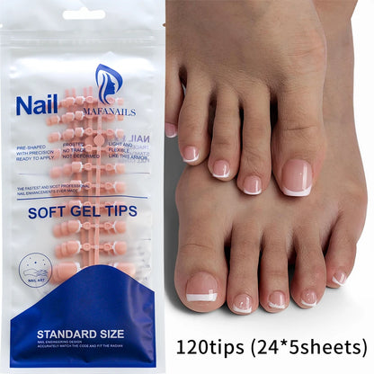 120Pcs Glossy Nude Pink French Press-On-Toenail Set 1*Box Short French Square  Fake Toe Nails Solid-Color Manicure Toenails Tips