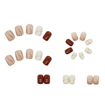 24PCS Caramel Latte Press-On Nails – Medium Round Shape With White Brown Nude Ombré Artistic Marble Effect