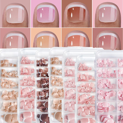 120Pcs Glossy Nude Pink French Press-On-Toenail Set 1*Box Short French Square  Fake Toe Nails Solid-Color Manicure Toenails Tips