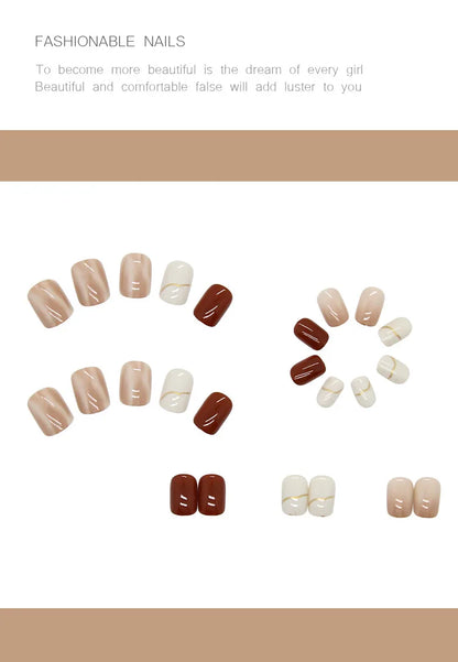 24PCS Caramel Latte Press-On Nails – Medium Round Shape With White Brown Nude Ombré Artistic Marble Effect
