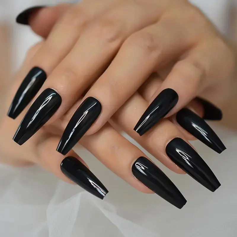 120pcs Long Coffin Black Press-On Nails Full Cover Ballet Square Shape False Nails Solid Color Glossy Finish Durable Fake Nails*