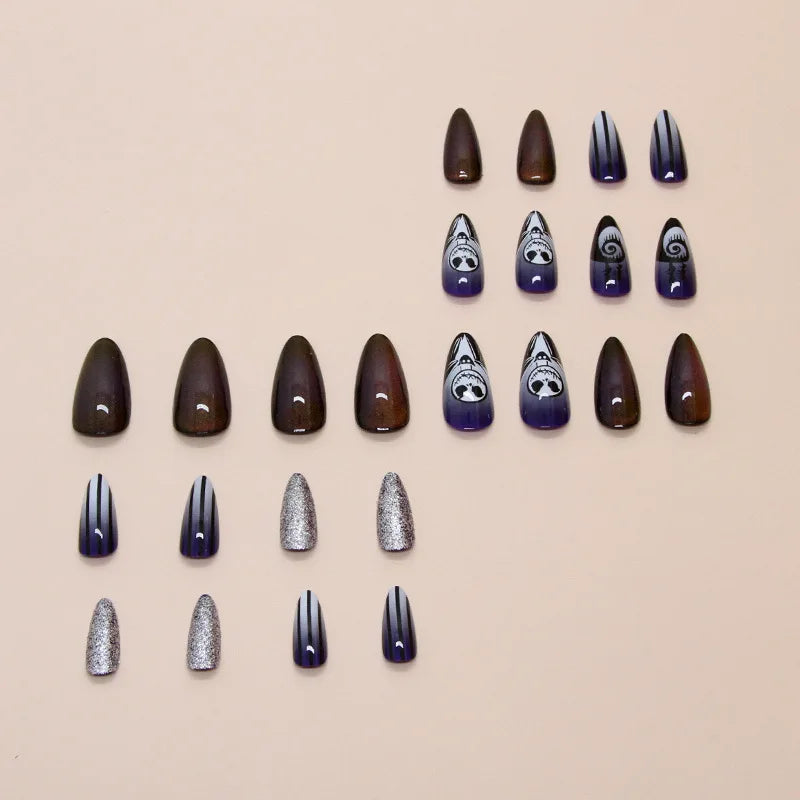 24PCS Haunting Press-On Nails - Blood Red & Ghost White Striped Design With Metallic Glitter Long Almond Shape