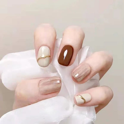 24PCS Caramel Latte Press-On Nails – Medium Round Shape With White Brown Nude Ombré Artistic Marble Effect