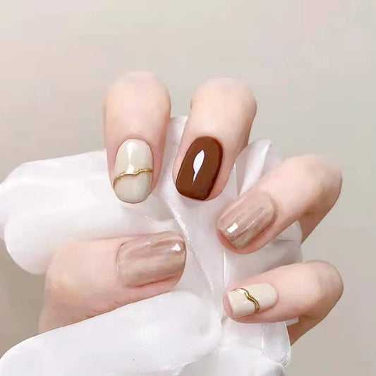 24PCS Caramel Latte Press-On Nails – Medium Round Shape With White Brown Nude Ombré Artistic Marble Effect