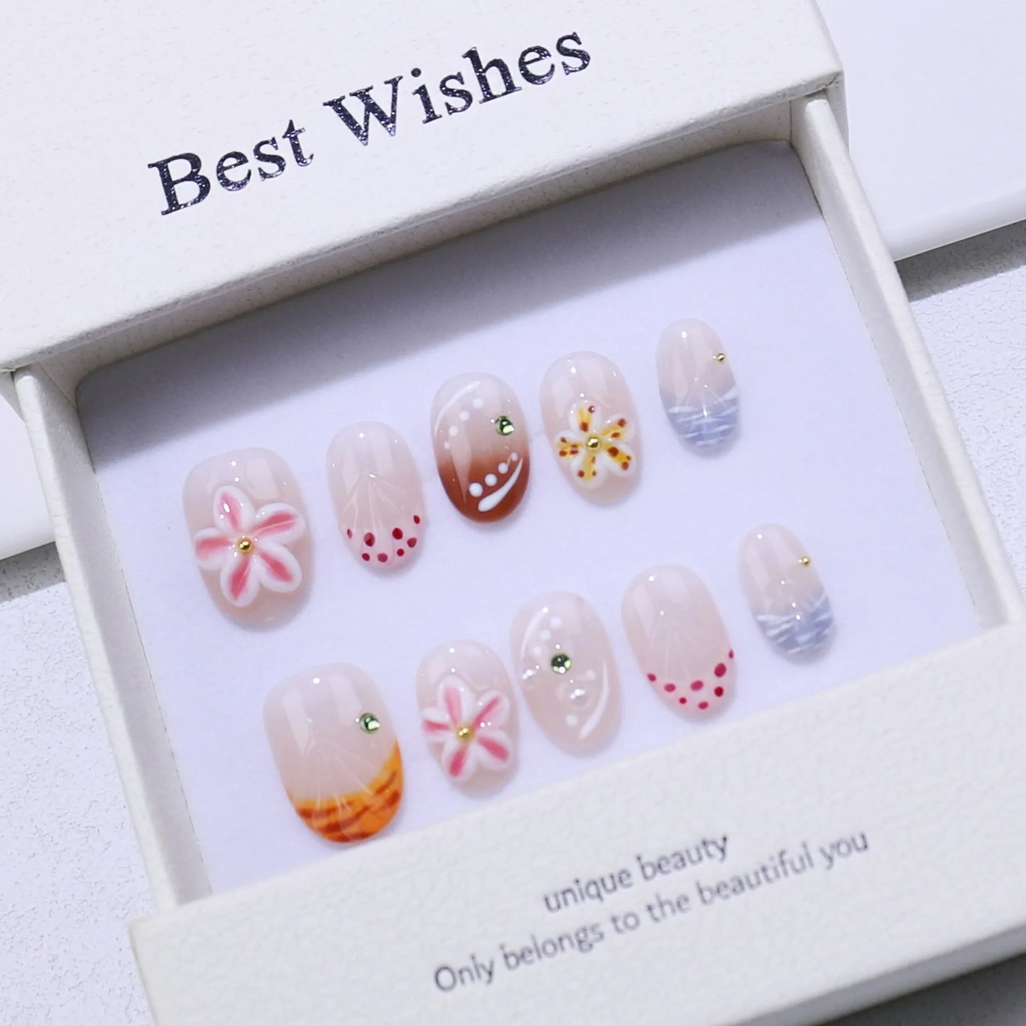 10pcs Handcrafted Almond-Shaped White French Press-On Nails with 3D Floral Design - Glossy Finish Short Length for Women/Girls