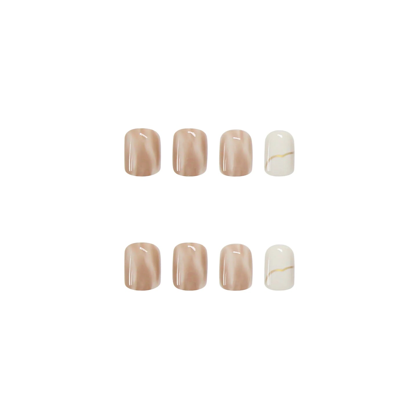 24PCS Caramel Latte Press-On Nails – Medium Round Shape With White Brown Nude Ombré Artistic Marble Effect