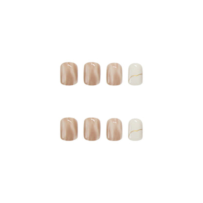 24PCS Caramel Latte Press-On Nails – Medium Round Shape With White Brown Nude Ombré Artistic Marble Effect