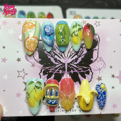 10pcs Handmade Press on Nails Cute 3D Banana Nail Art Presson False Nail Thick Acrylic Hand Painted Lemon Almond Press ons Nails