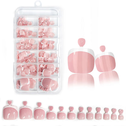 120Pcs Glossy Nude Pink French Press-On-Toenail Set 1*Box Short French Square  Fake Toe Nails Solid-Color Manicure Toenails Tips