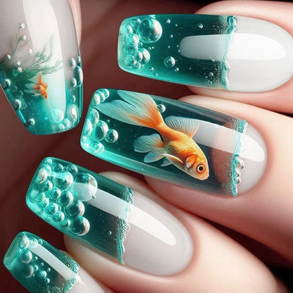 French Nails Press on Nails Acrylic Press on Nails Handmade Thick Press on Nails 3d Art Fish False Nails Remover Fake Nails 24Pc