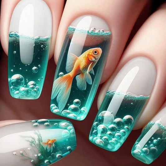 French Nails Press on Nails Acrylic Press on Nails Handmade Thick Press on Nails 3d Art Fish False Nails Remover Fake Nails 24Pc