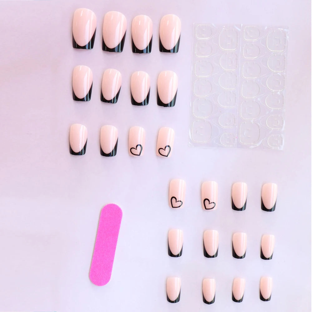 24pcs press on nails short Square Love Design fake press on nails black french tip press on nails cute nail press on acyrlic na