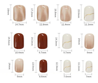 24PCS Caramel Latte Press-On Nails – Medium Round Shape With White Brown Nude Ombré Artistic Marble Effect