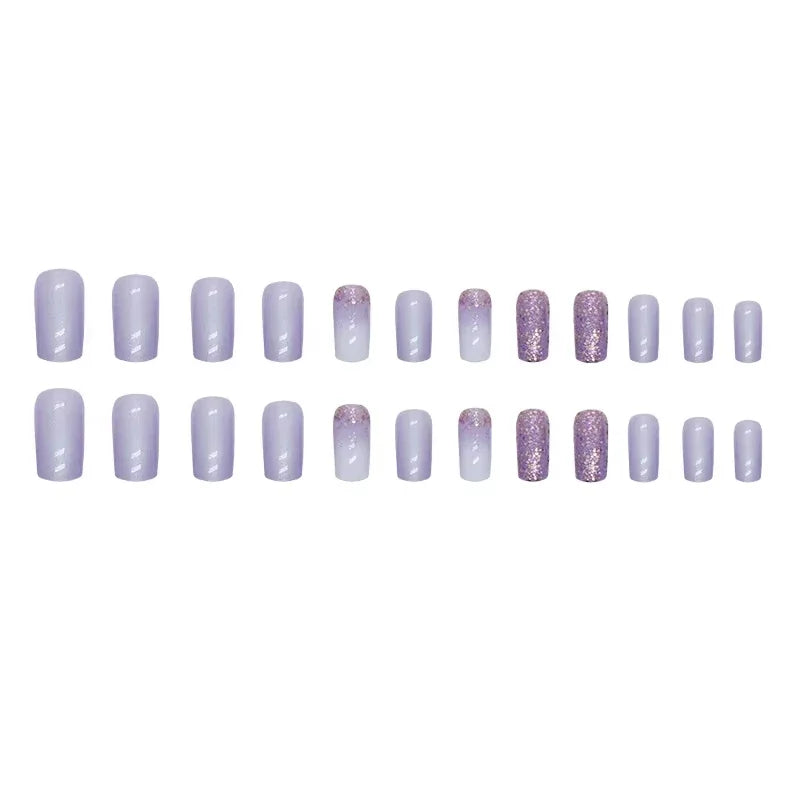 24 Pcs Presson Nails with Glue Medium Reusable Adhesive Fake Nails with Design Nail Art Purple Glitter False Nails for Girls