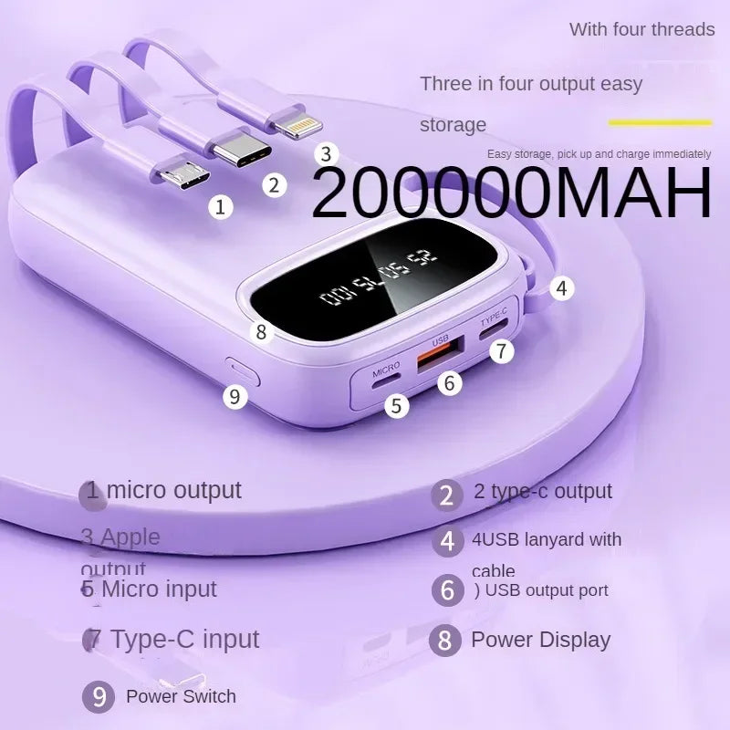 BCAK/ flagship store 200000 Milliampere Wholesale Power Bank with Built-in Cable, Mini, Portable, Fast Charging Mobile Power Sup