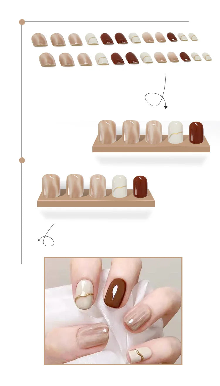 24PCS Caramel Latte Press-On Nails – Medium Round Shape With White Brown Nude Ombré Artistic Marble Effect
