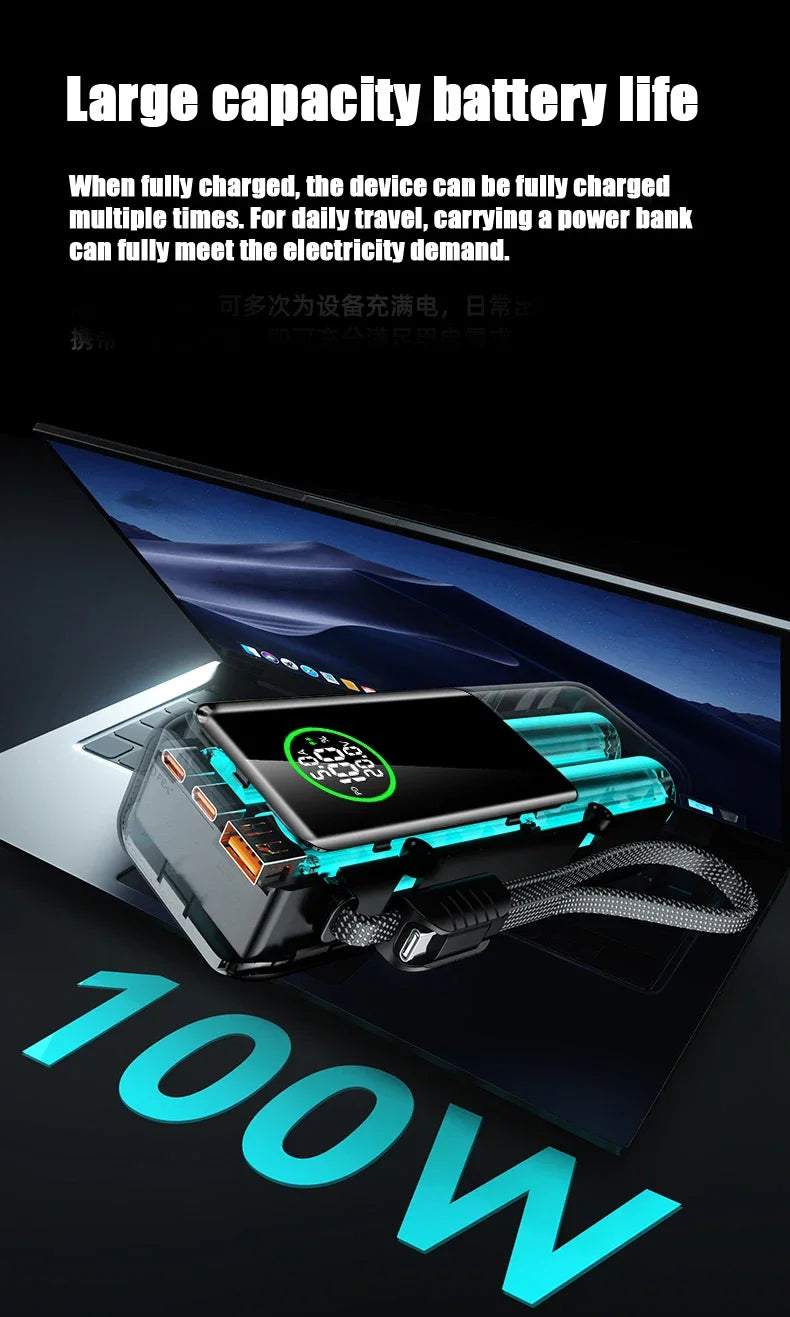 20000mAh Powerbank High Capacity 100W Fast Charging External Battery Built-in Cable Portable Power Bank for Laptop Tablet Phone
