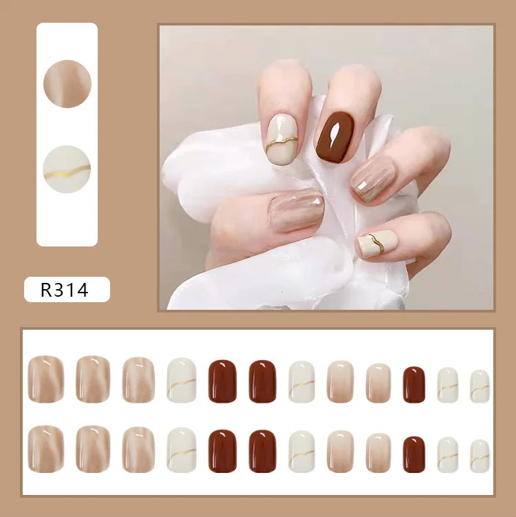 24PCS Caramel Latte Press-On Nails – Medium Round Shape With White Brown Nude Ombré Artistic Marble Effect