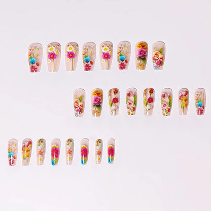 Medium-long Translucent Brilliant Flower Press-on Nails Stickers for Stunning Nails